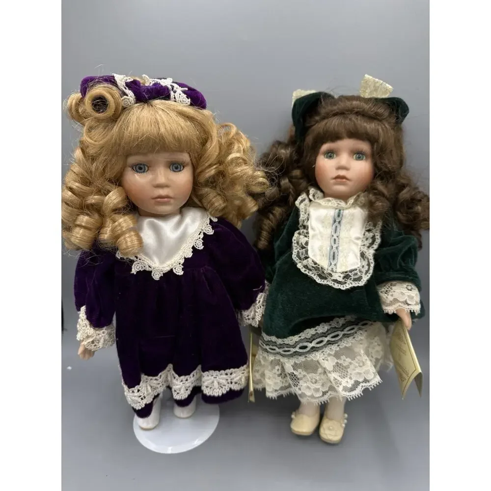 Pair 12” Porcelain Victorian Dolls Velvet Lace Dresses w/ Stands Tags